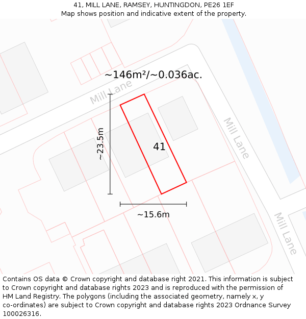 41, MILL LANE, RAMSEY, HUNTINGDON, PE26 1EF: Plot and title map