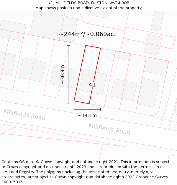 41, MILLFIELDS ROAD, BILSTON, WV14 0QR: Plot and title map