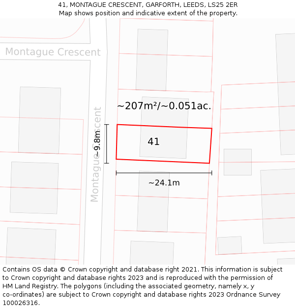 41, MONTAGUE CRESCENT, GARFORTH, LEEDS, LS25 2ER: Plot and title map