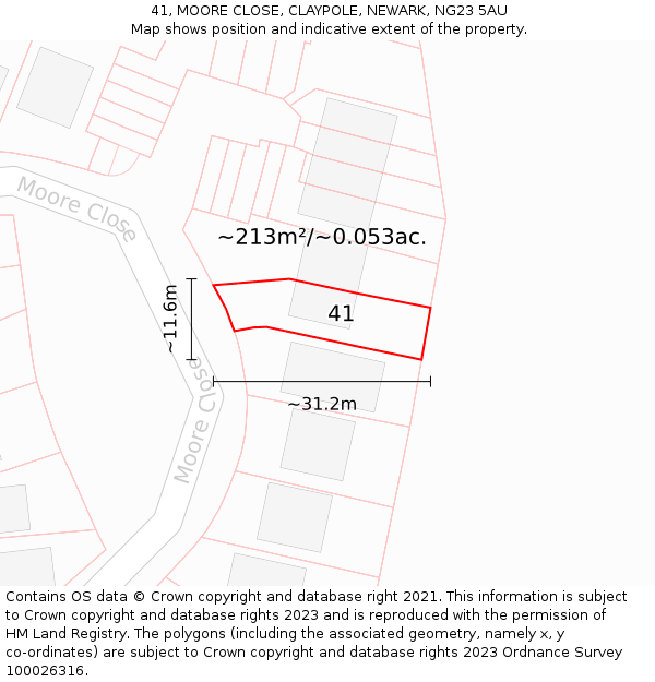 41, MOORE CLOSE, CLAYPOLE, NEWARK, NG23 5AU: Plot and title map