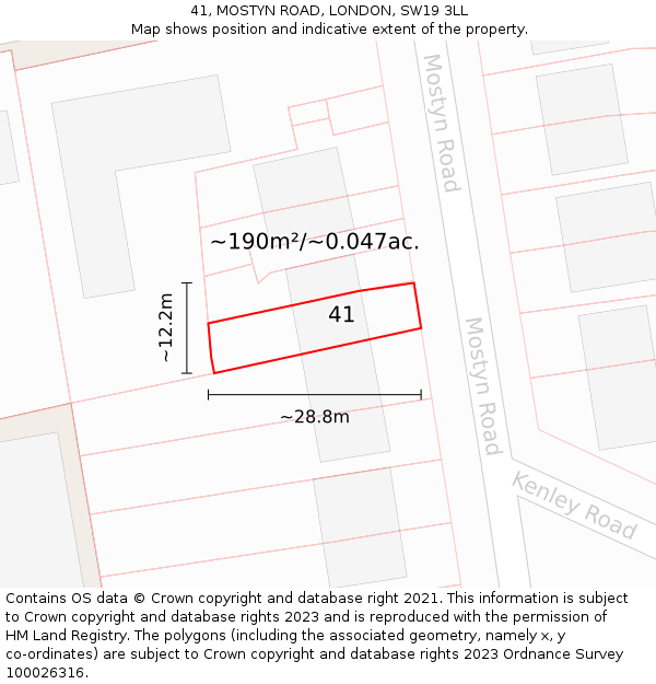 41, MOSTYN ROAD, LONDON, SW19 3LL: Plot and title map