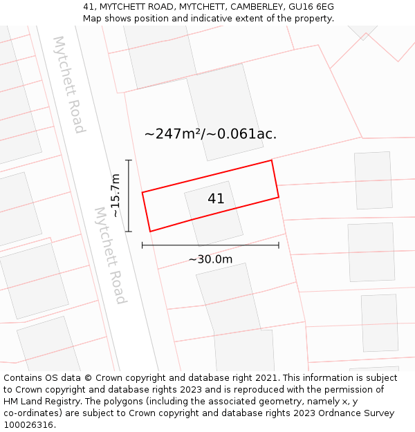 41, MYTCHETT ROAD, MYTCHETT, CAMBERLEY, GU16 6EG: Plot and title map