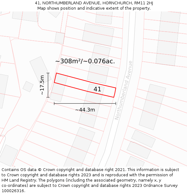 41, NORTHUMBERLAND AVENUE, HORNCHURCH, RM11 2HJ: Plot and title map