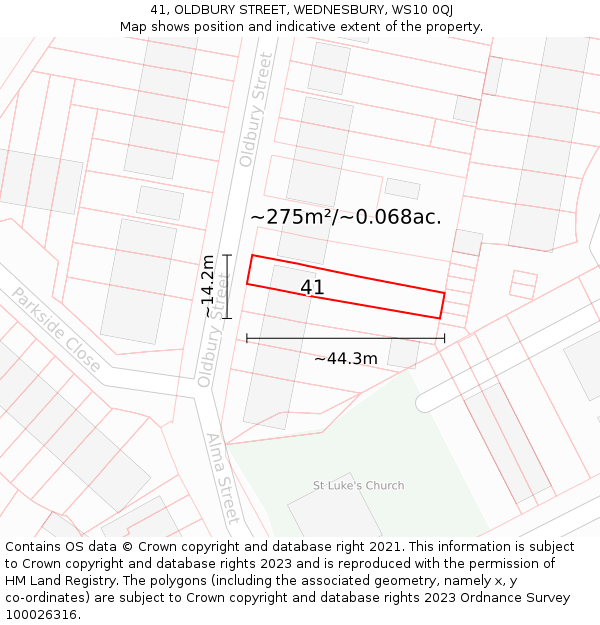 41, OLDBURY STREET, WEDNESBURY, WS10 0QJ: Plot and title map