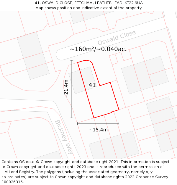 41, OSWALD CLOSE, FETCHAM, LEATHERHEAD, KT22 9UA: Plot and title map