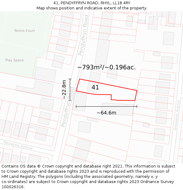 41, PENDYFFRYN ROAD, RHYL, LL18 4RY: Plot and title map
