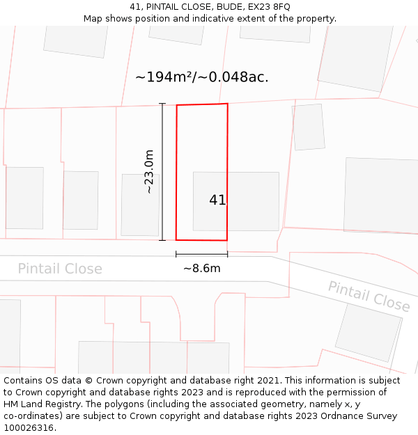 41, PINTAIL CLOSE, BUDE, EX23 8FQ: Plot and title map
