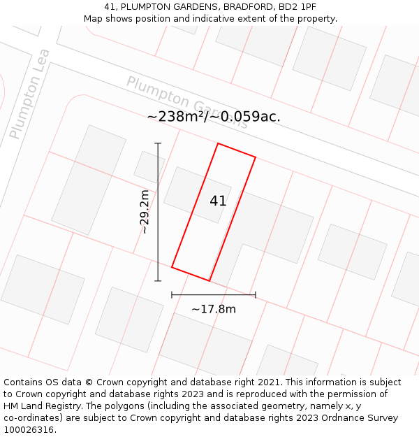 41, PLUMPTON GARDENS, BRADFORD, BD2 1PF: Plot and title map