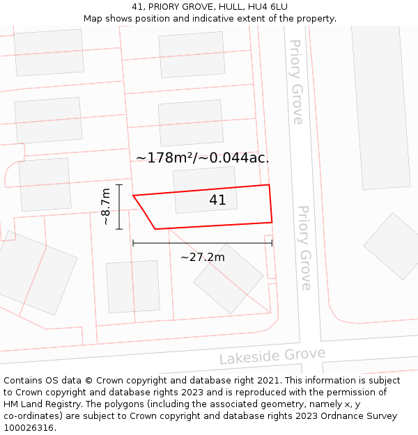 41, PRIORY GROVE, HULL, HU4 6LU: Plot and title map