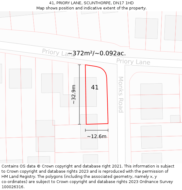 41, PRIORY LANE, SCUNTHORPE, DN17 1HD: Plot and title map