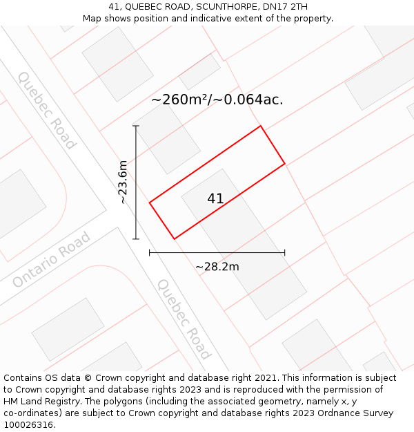 41, QUEBEC ROAD, SCUNTHORPE, DN17 2TH: Plot and title map