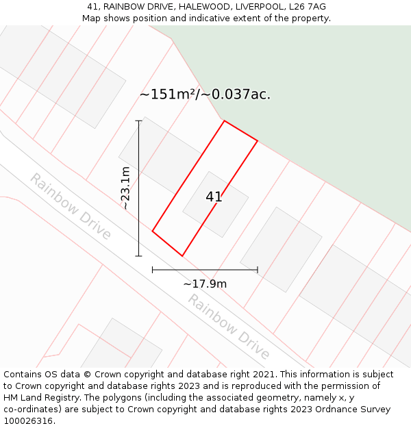 41, RAINBOW DRIVE, HALEWOOD, LIVERPOOL, L26 7AG: Plot and title map