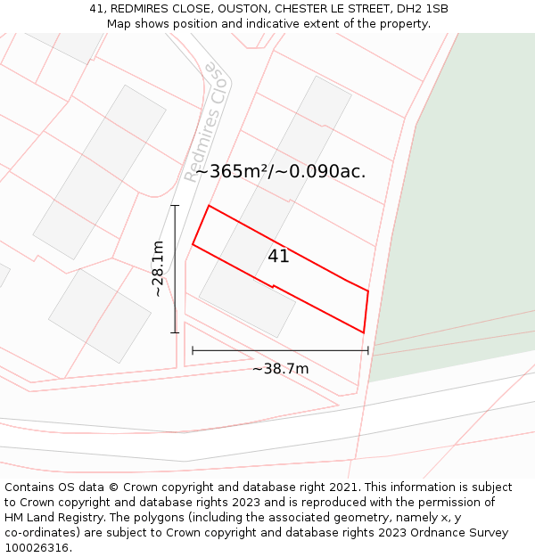 41, REDMIRES CLOSE, OUSTON, CHESTER LE STREET, DH2 1SB: Plot and title map