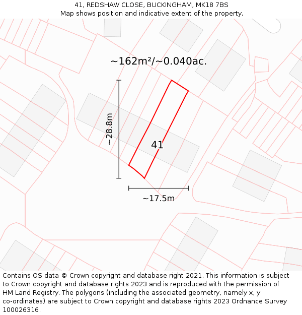 41, REDSHAW CLOSE, BUCKINGHAM, MK18 7BS: Plot and title map