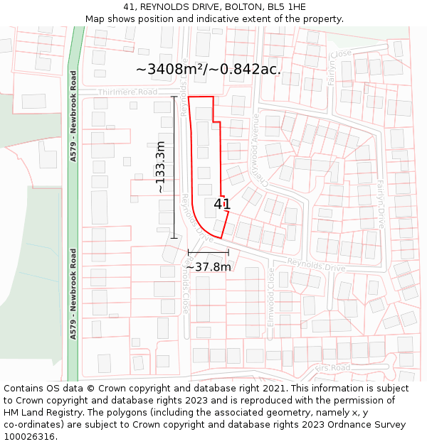 41, REYNOLDS DRIVE, BOLTON, BL5 1HE: Plot and title map
