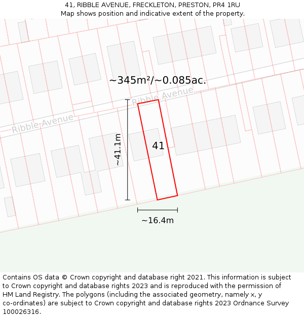 41, RIBBLE AVENUE, FRECKLETON, PRESTON, PR4 1RU: Plot and title map