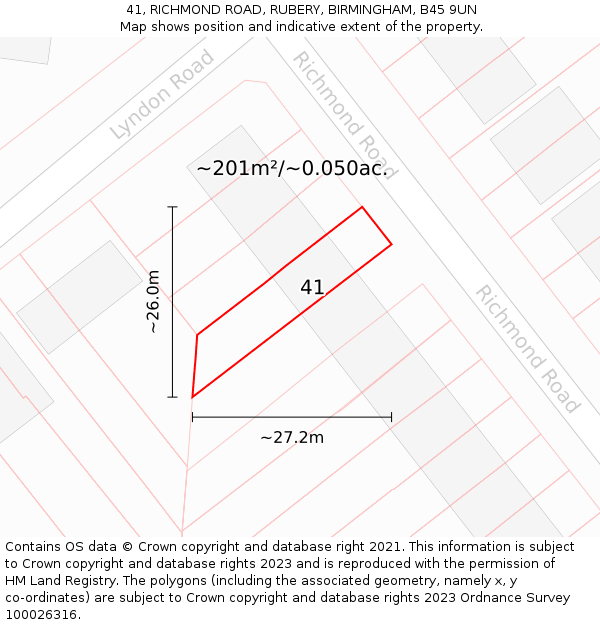 41, RICHMOND ROAD, RUBERY, BIRMINGHAM, B45 9UN: Plot and title map