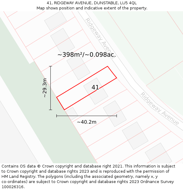 41, RIDGEWAY AVENUE, DUNSTABLE, LU5 4QL: Plot and title map