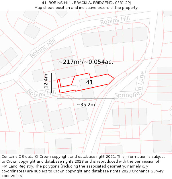 41, ROBINS HILL, BRACKLA, BRIDGEND, CF31 2PJ: Plot and title map