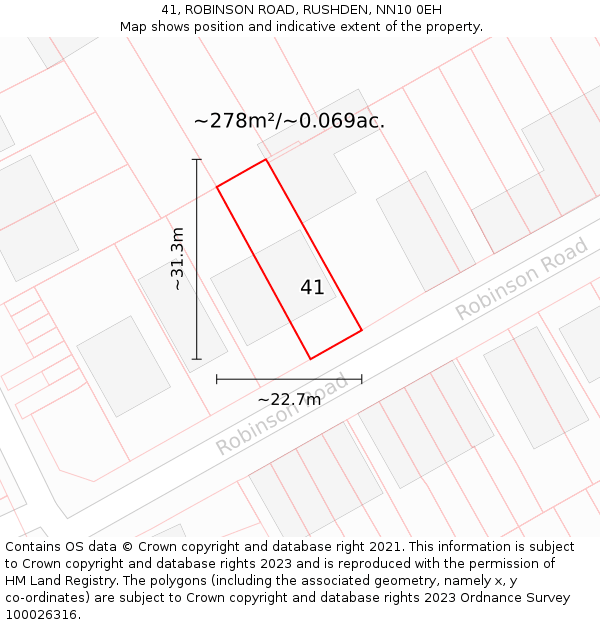 41, ROBINSON ROAD, RUSHDEN, NN10 0EH: Plot and title map