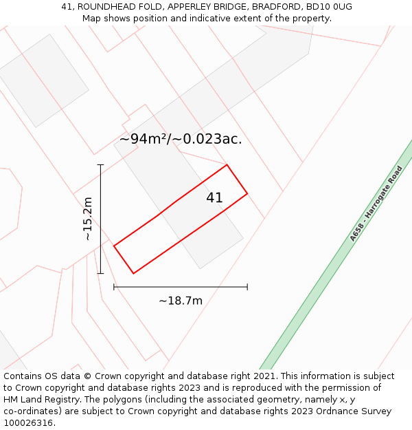 41, ROUNDHEAD FOLD, APPERLEY BRIDGE, BRADFORD, BD10 0UG: Plot and title map