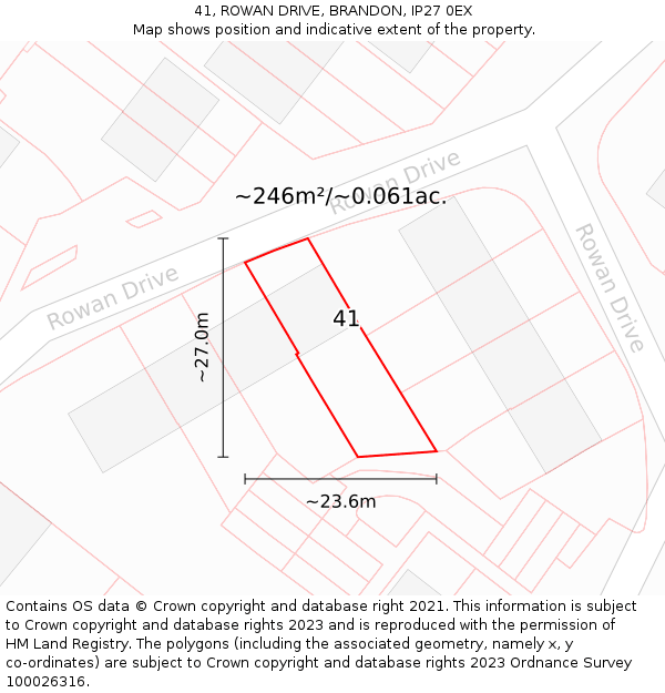41, ROWAN DRIVE, BRANDON, IP27 0EX: Plot and title map