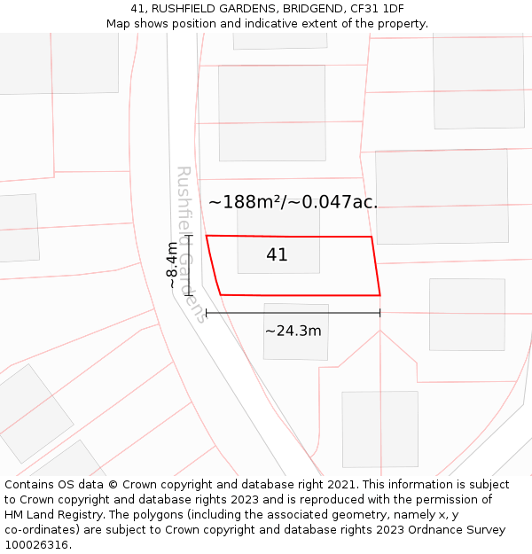 41, RUSHFIELD GARDENS, BRIDGEND, CF31 1DF: Plot and title map