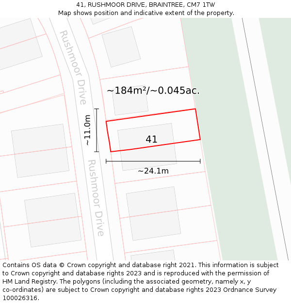 41, RUSHMOOR DRIVE, BRAINTREE, CM7 1TW: Plot and title map
