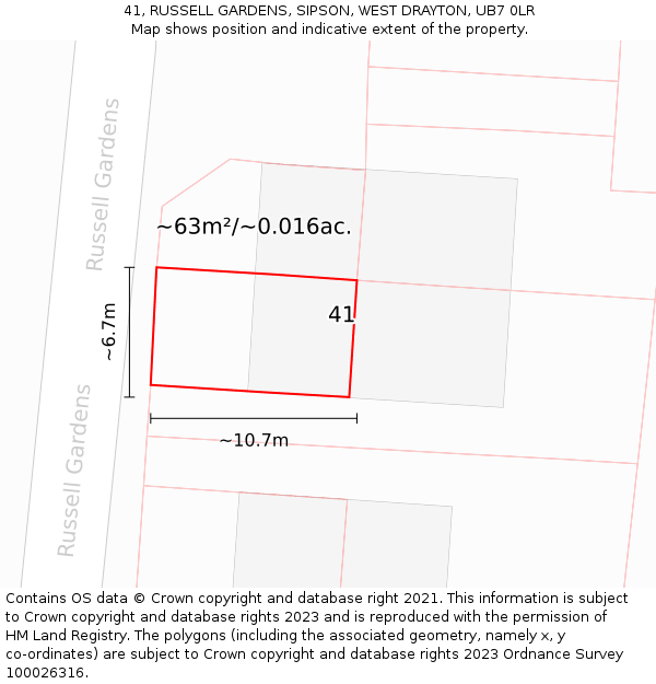 41, RUSSELL GARDENS, SIPSON, WEST DRAYTON, UB7 0LR: Plot and title map