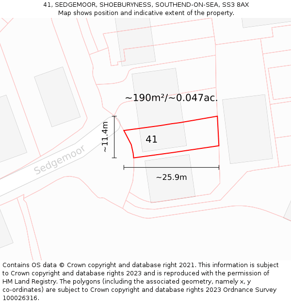 41, SEDGEMOOR, SHOEBURYNESS, SOUTHEND-ON-SEA, SS3 8AX: Plot and title map