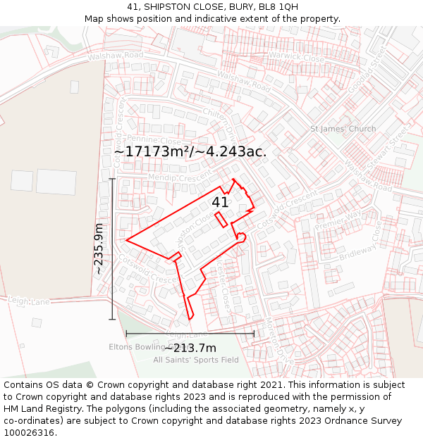 41, SHIPSTON CLOSE, BURY, BL8 1QH: Plot and title map
