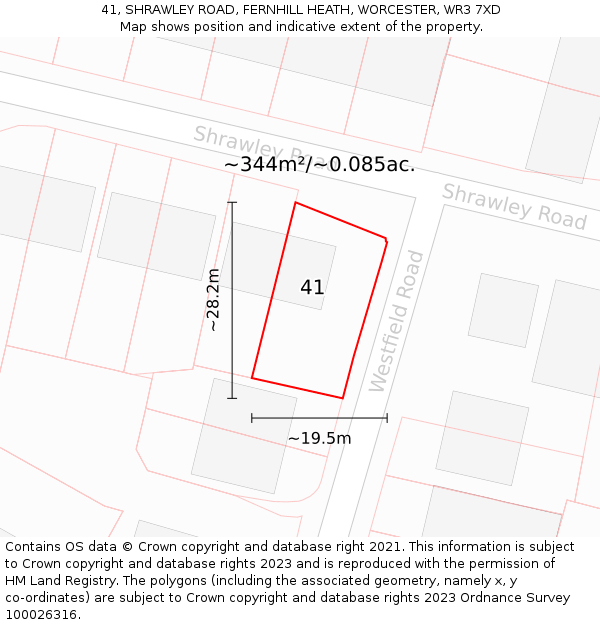 41, SHRAWLEY ROAD, FERNHILL HEATH, WORCESTER, WR3 7XD: Plot and title map