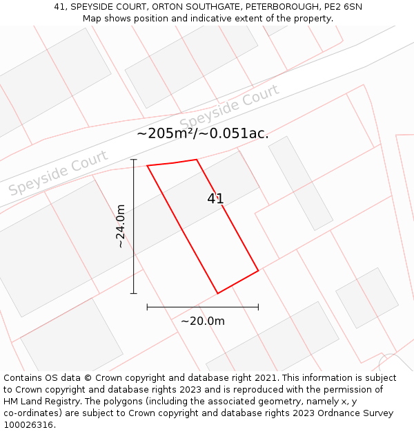41, SPEYSIDE COURT, ORTON SOUTHGATE, PETERBOROUGH, PE2 6SN: Plot and title map