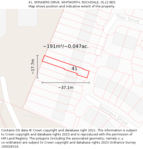41, SPINNERS DRIVE, WHITWORTH, ROCHDALE, OL12 8ES: Plot and title map