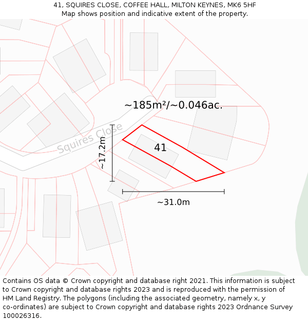 41, SQUIRES CLOSE, COFFEE HALL, MILTON KEYNES, MK6 5HF: Plot and title map