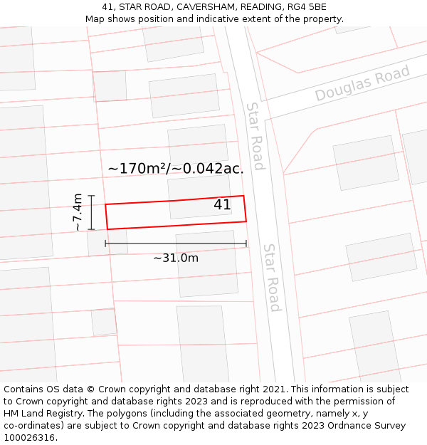 41, STAR ROAD, CAVERSHAM, READING, RG4 5BE: Plot and title map