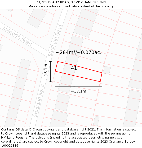 41, STUDLAND ROAD, BIRMINGHAM, B28 8NN: Plot and title map