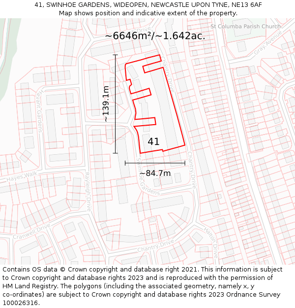 41, SWINHOE GARDENS, WIDEOPEN, NEWCASTLE UPON TYNE, NE13 6AF: Plot and title map