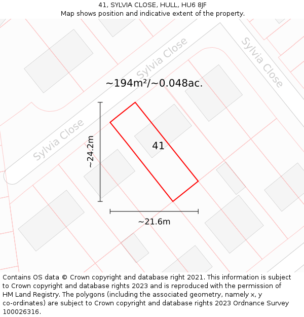 41, SYLVIA CLOSE, HULL, HU6 8JF: Plot and title map