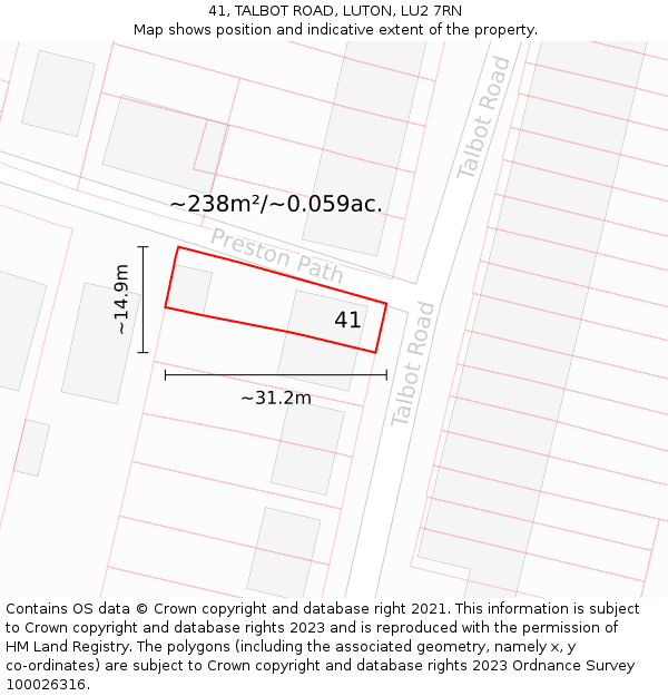 41, TALBOT ROAD, LUTON, LU2 7RN: Plot and title map