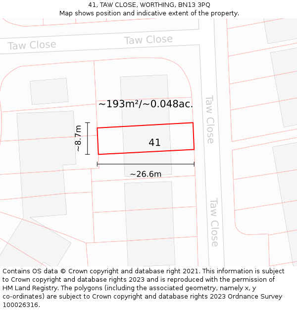 41, TAW CLOSE, WORTHING, BN13 3PQ: Plot and title map