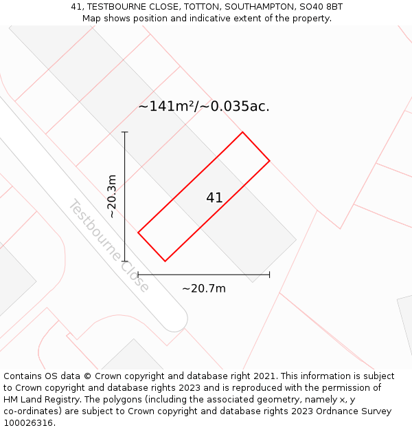 41, TESTBOURNE CLOSE, TOTTON, SOUTHAMPTON, SO40 8BT: Plot and title map