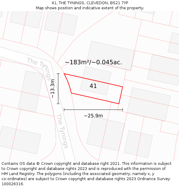 41, THE TYNINGS, CLEVEDON, BS21 7YP: Plot and title map