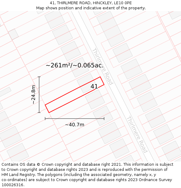 41, THIRLMERE ROAD, HINCKLEY, LE10 0PE: Plot and title map