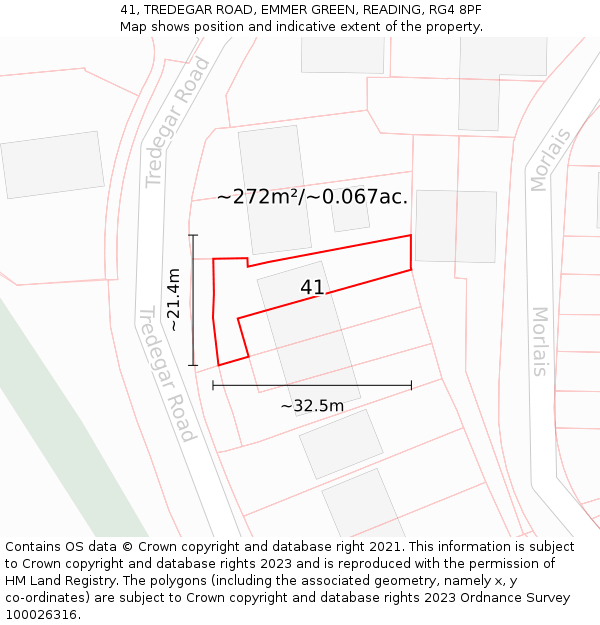 41, TREDEGAR ROAD, EMMER GREEN, READING, RG4 8PF: Plot and title map