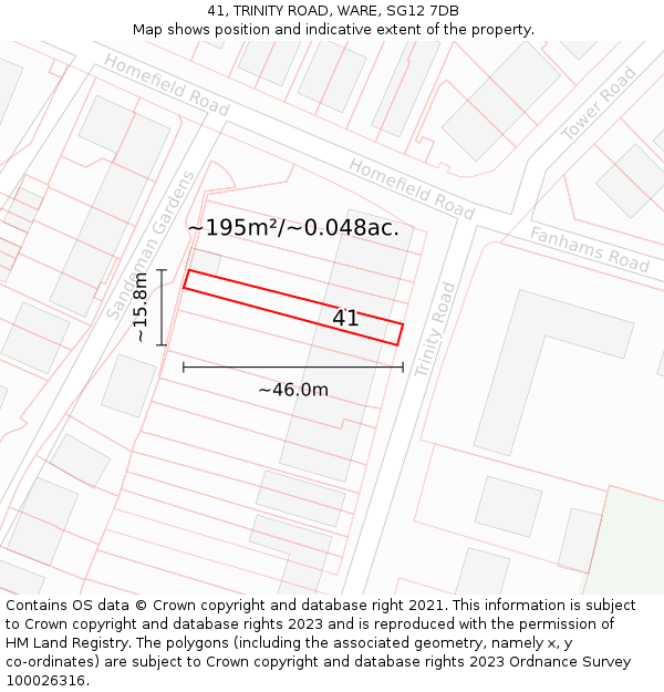 41, TRINITY ROAD, WARE, SG12 7DB: Plot and title map