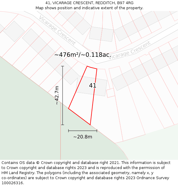 41, VICARAGE CRESCENT, REDDITCH, B97 4RG: Plot and title map