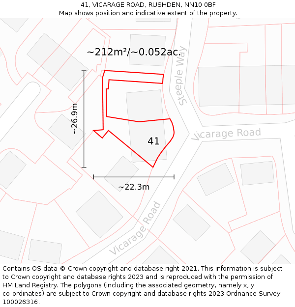 41, VICARAGE ROAD, RUSHDEN, NN10 0BF: Plot and title map