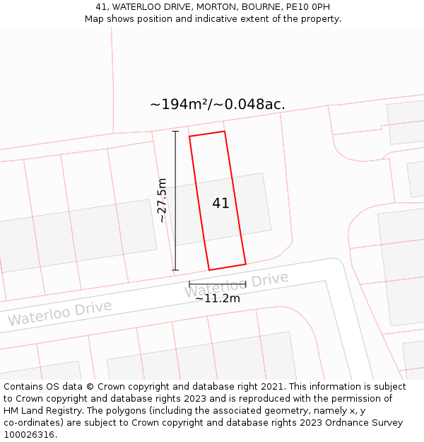 41, WATERLOO DRIVE, MORTON, BOURNE, PE10 0PH: Plot and title map