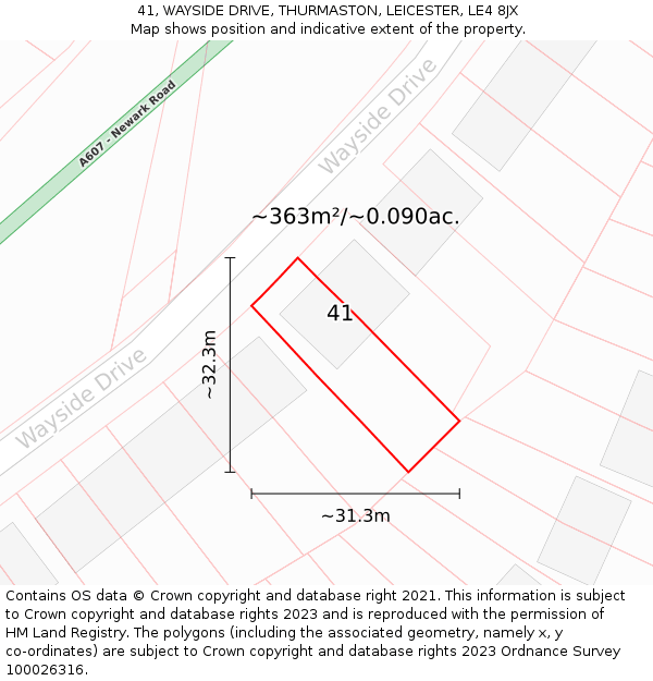 41, WAYSIDE DRIVE, THURMASTON, LEICESTER, LE4 8JX: Plot and title map